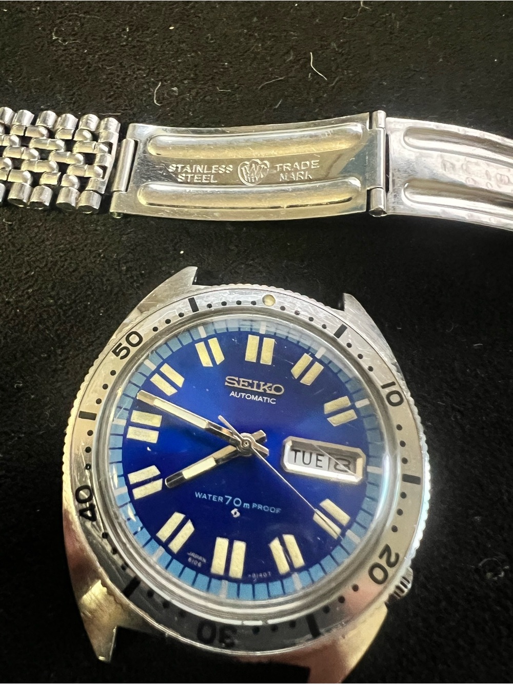 Vintage June 1968 Seiko 6106-8100 Sport Diver Blue Watch w/ Stelux Beads of Rice